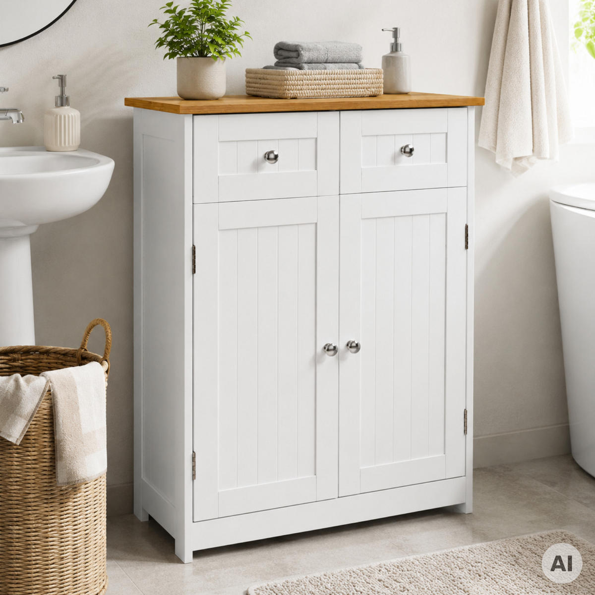BADEZIMMERSCHRANK MDF Weiß Eiche 2 Schubladen 2 Türen 60x30x75 cm - Hellbraun/Weiß, Holzwerkstoff (60/75/30cm) - Begryf