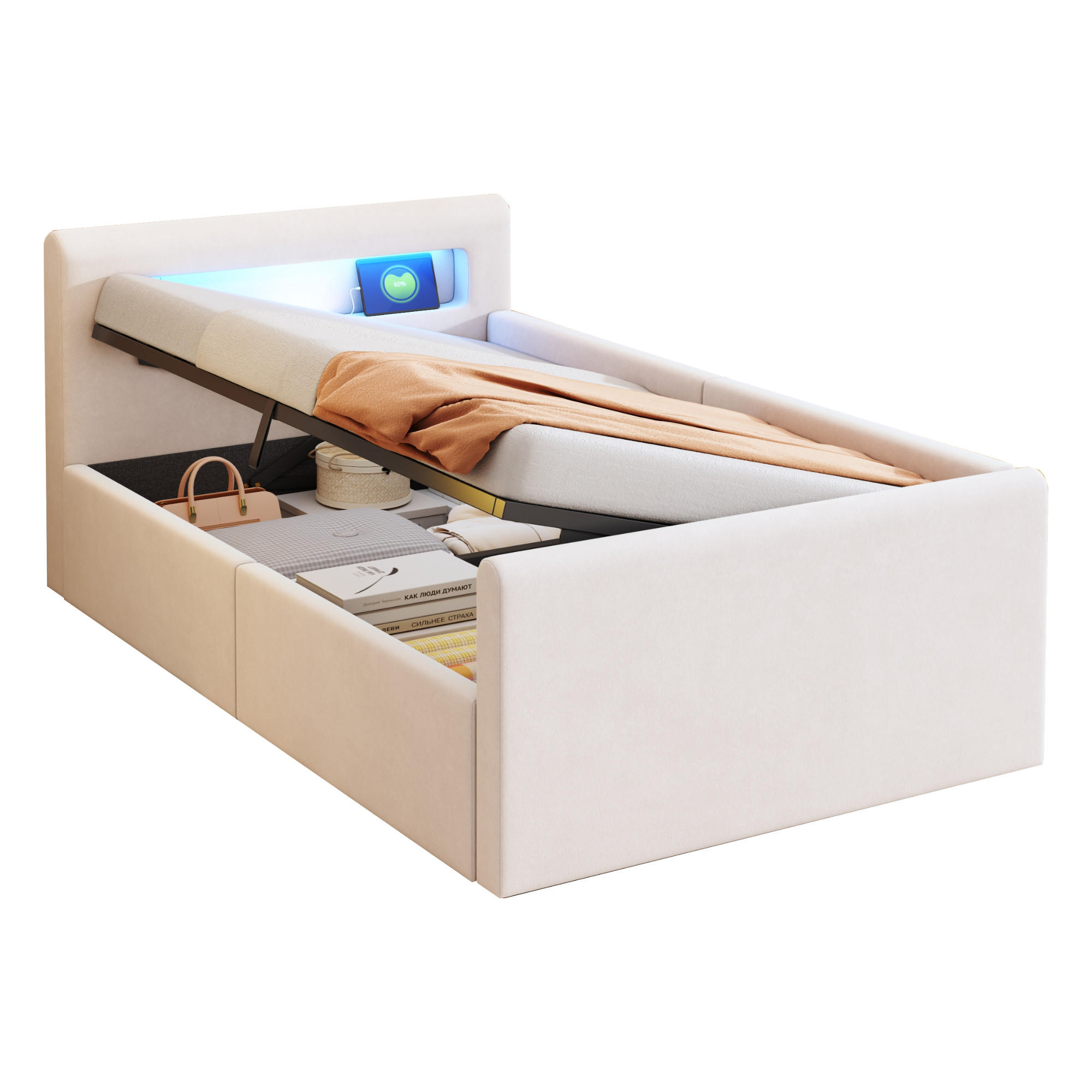 POLSTERBETT 90x200 Beige Samt LED Stauraum - Beige, Textil (90/200cm) - FLIEKS