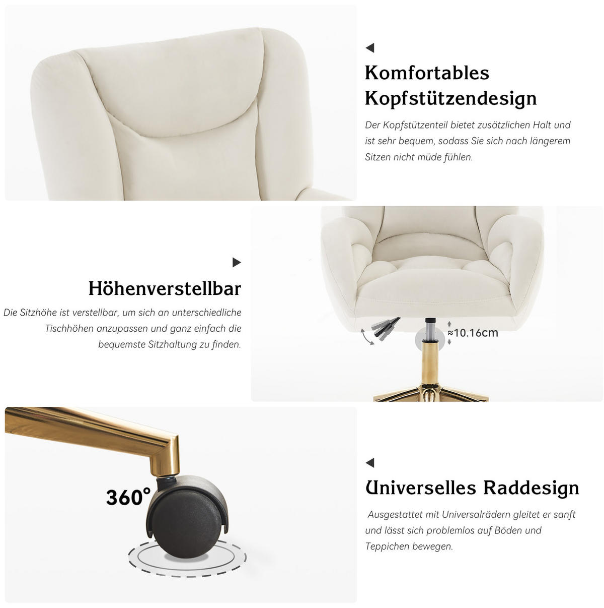 DREHSTUHL höhenverstellbar Samt Ivory mit Rollen - Weiß, Metall (62/92.5/64cm) - Meubliv
