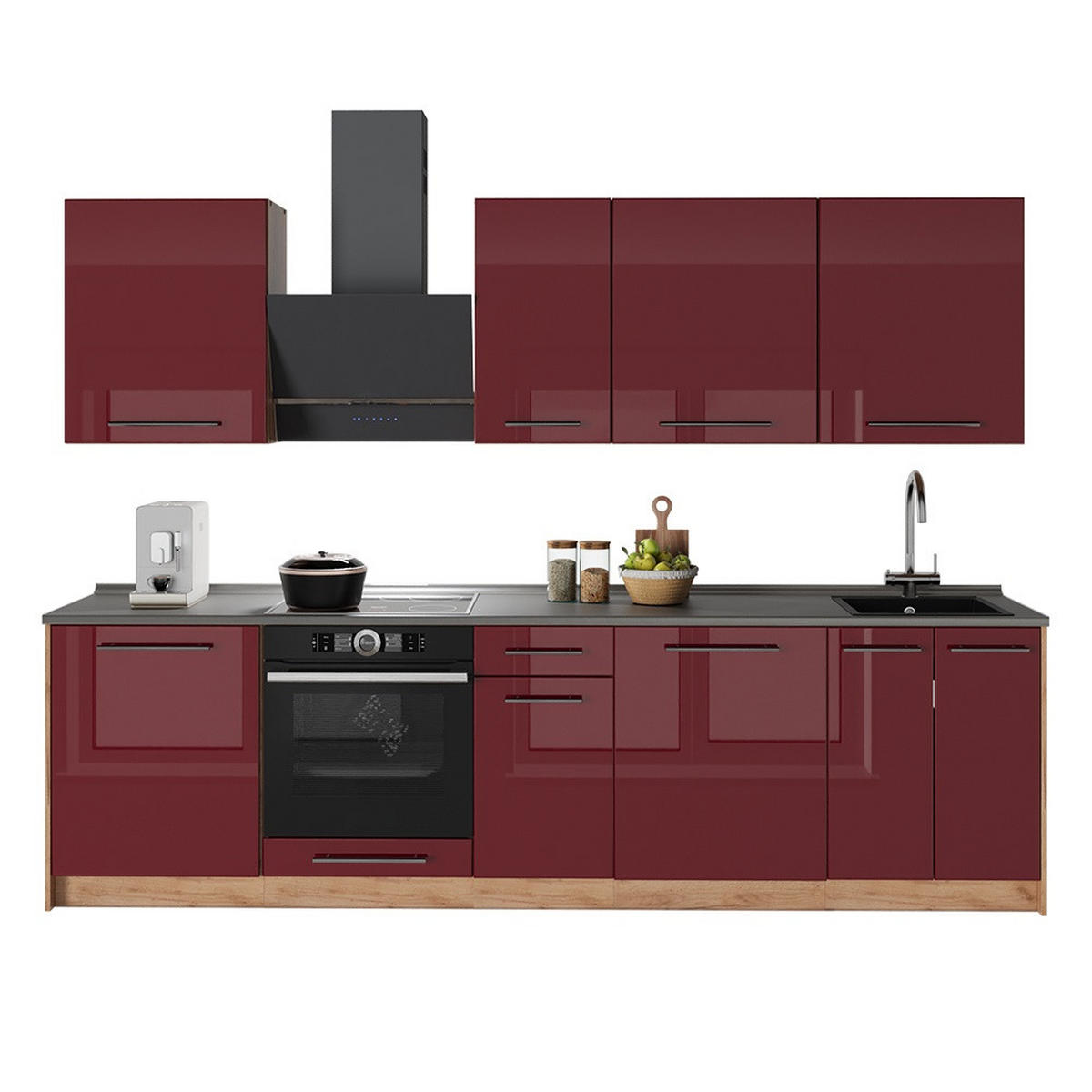 KÖK Fame-Line, Bordeaux högblank/Goldkraft ek, 280 cm, AP Oak - Bordeaux/Honungsek, Träbaserade material (280/206.8/60cm) - Vicco
