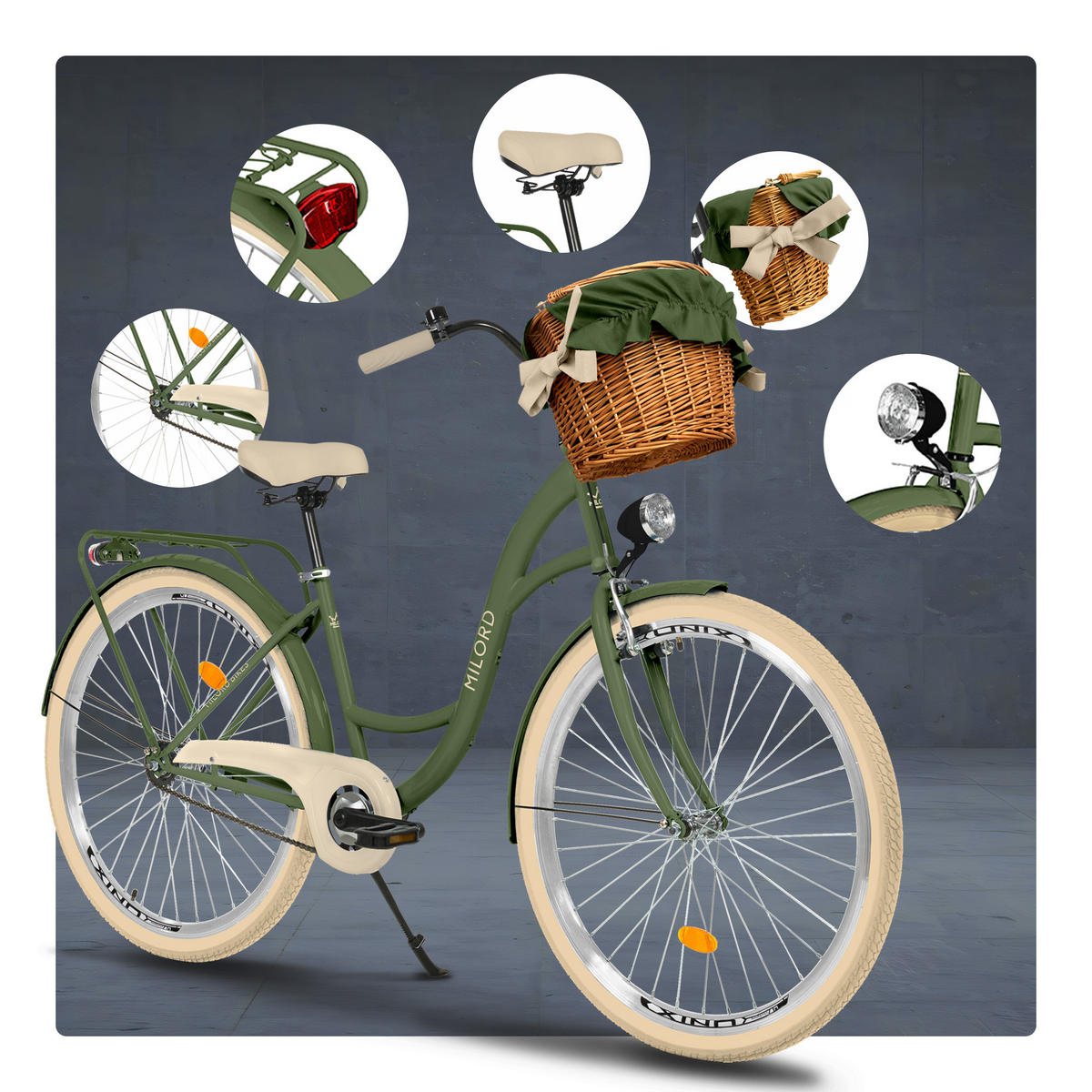 CITY-FAHRRAD Milord mit Weidenkorb, 26 Zoll, Khaki, 1-Gang - Grün, Metall (46cm) - Milordbikes