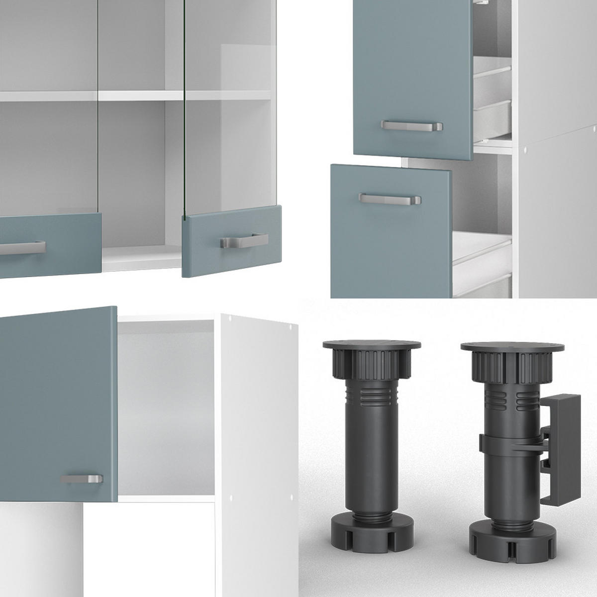 KÜCHENZEILE R-Line Blau-Grau/Weiß 350 cm mit Hochschrank, AP Eiche - Blaugrau/Weiß, Holzwerkstoff (350/81.6/60cm) - Vicco
