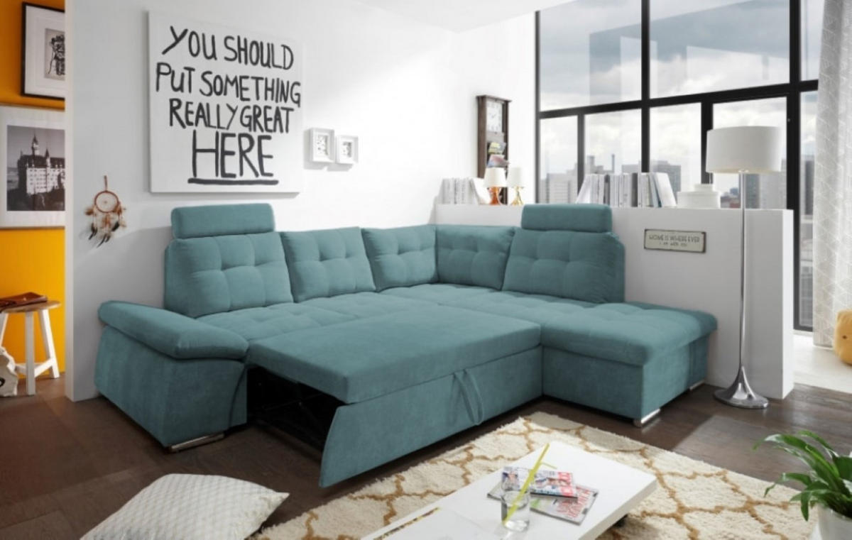 ECKSOFA mit Schlaffunktion, Bettkasten und verstellbarer Armlehne - Chromfarben/Grün, Textil (219/260cm) - ed exciting design
