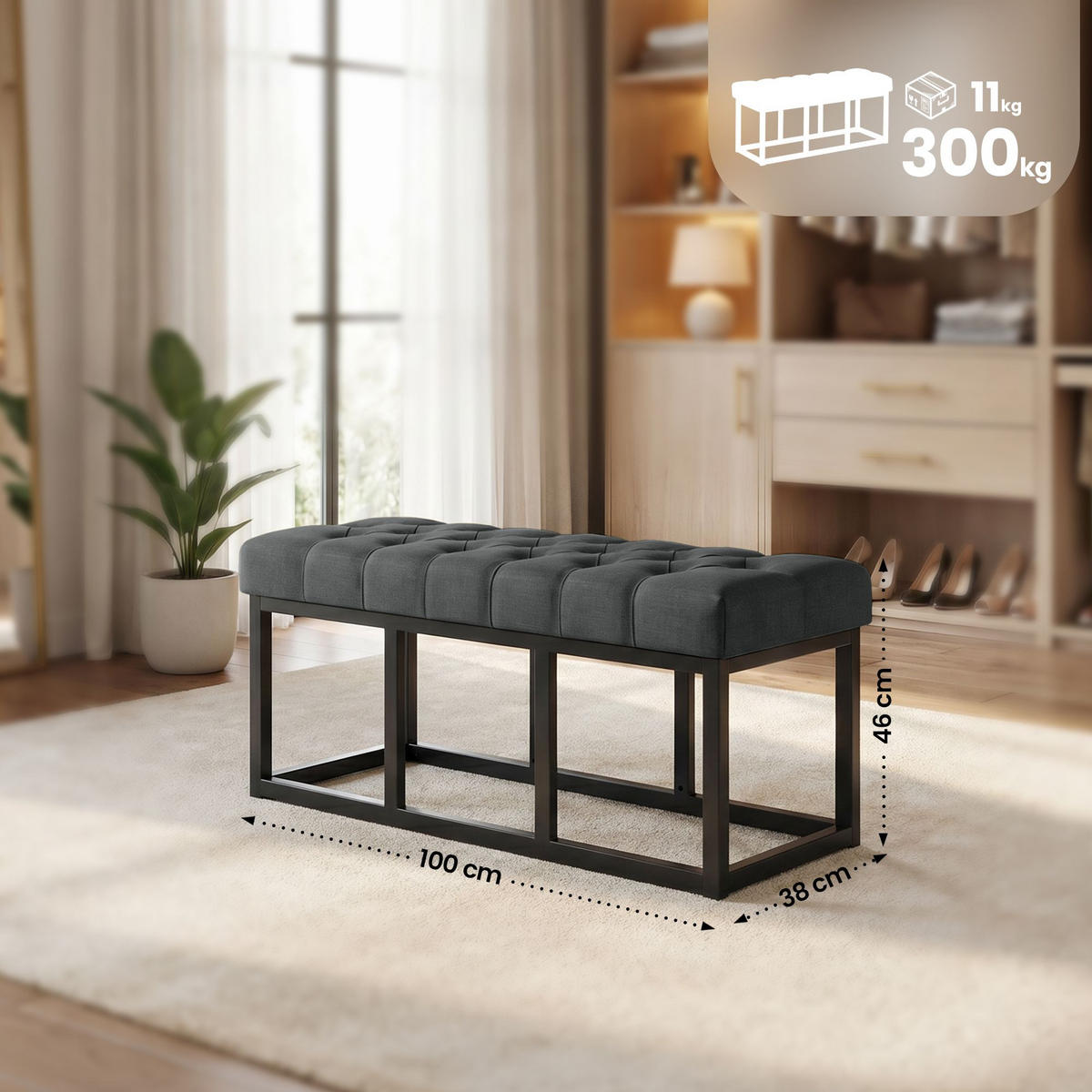 SITZBANK 100/38 cm Stoff Dunkelgrau - Dunkelgrau/Schwarz, Textil/Metall (100/46/38cm) - CLP