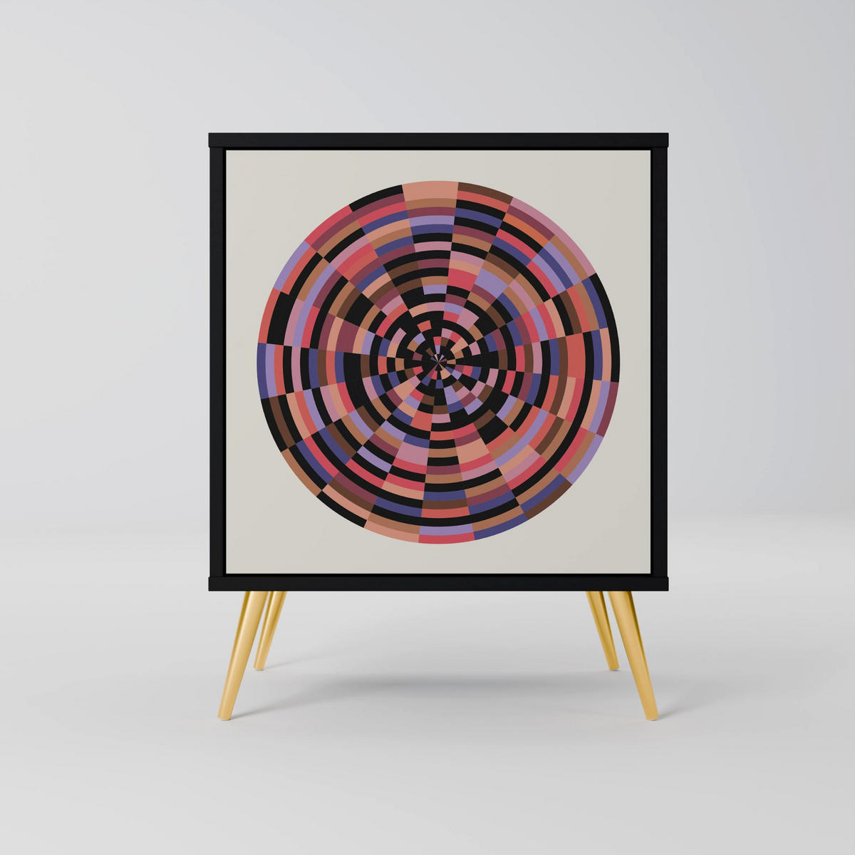 SIDEBOARD BROWN CIRCLES, Schwarz, 57,5x42x72,5 cm, Schwarze Metallfüße - Multicolor/Schwarz, Holzwerkstoff/Metall (57.5/72.5/42cm) - SpaceRebels