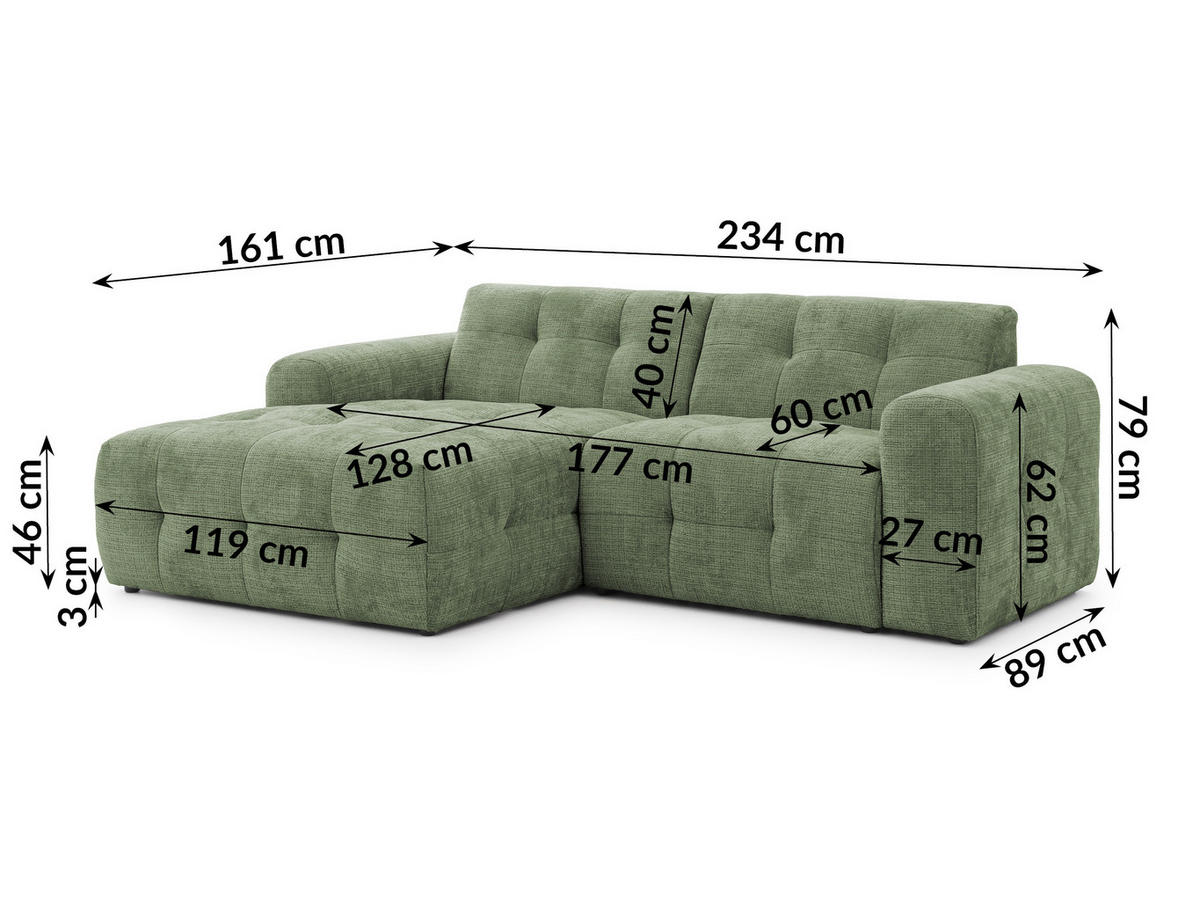 ECKSOFA Kozy im Bumpy-Design mit fester Rückenlehne aus weichem Grün Chenille-Stoff - Ottomane links - Schwarz/Grün, Holz/Kunststoff (161/234cm) - S-Style Möbel
