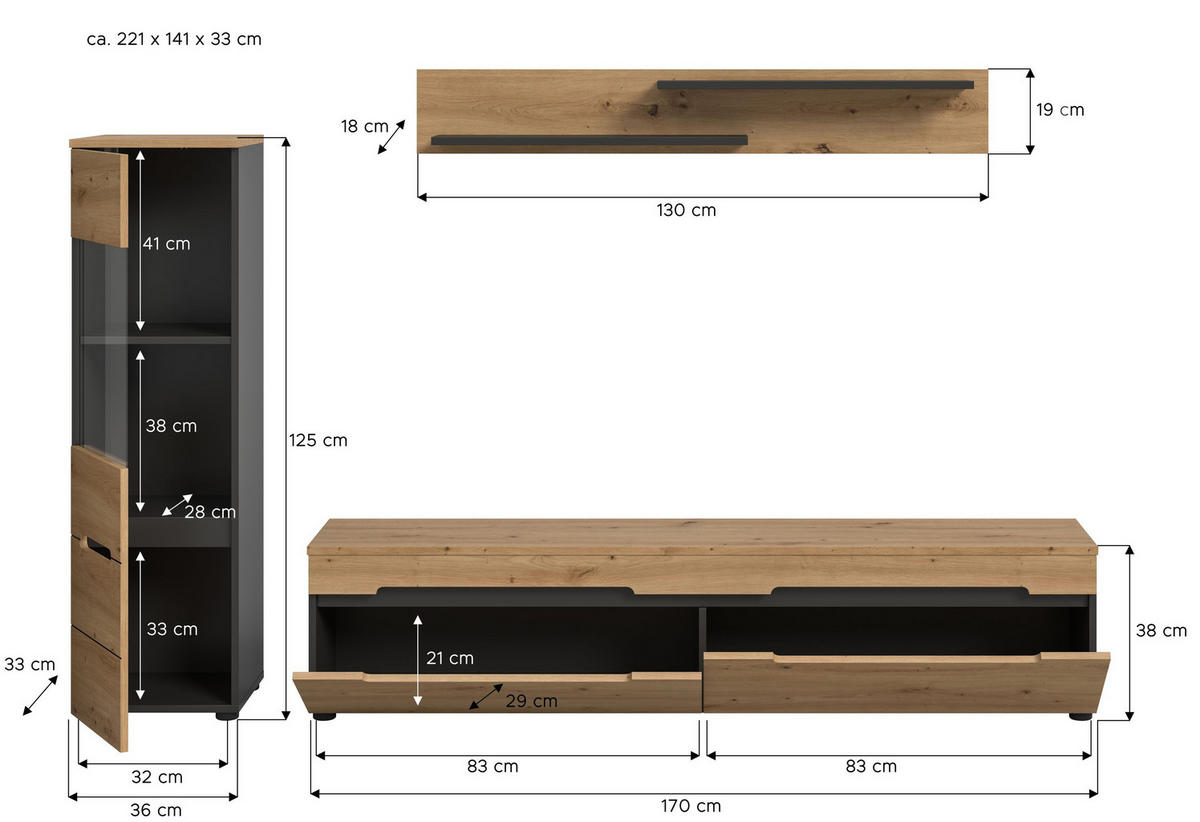WOHNWAND Nova 3 tlg. (B/H/T: ca. 221/141/33 cm) in Basalt grau/Artisan - Grau, Holzwerkstoff (221/141/33cm)