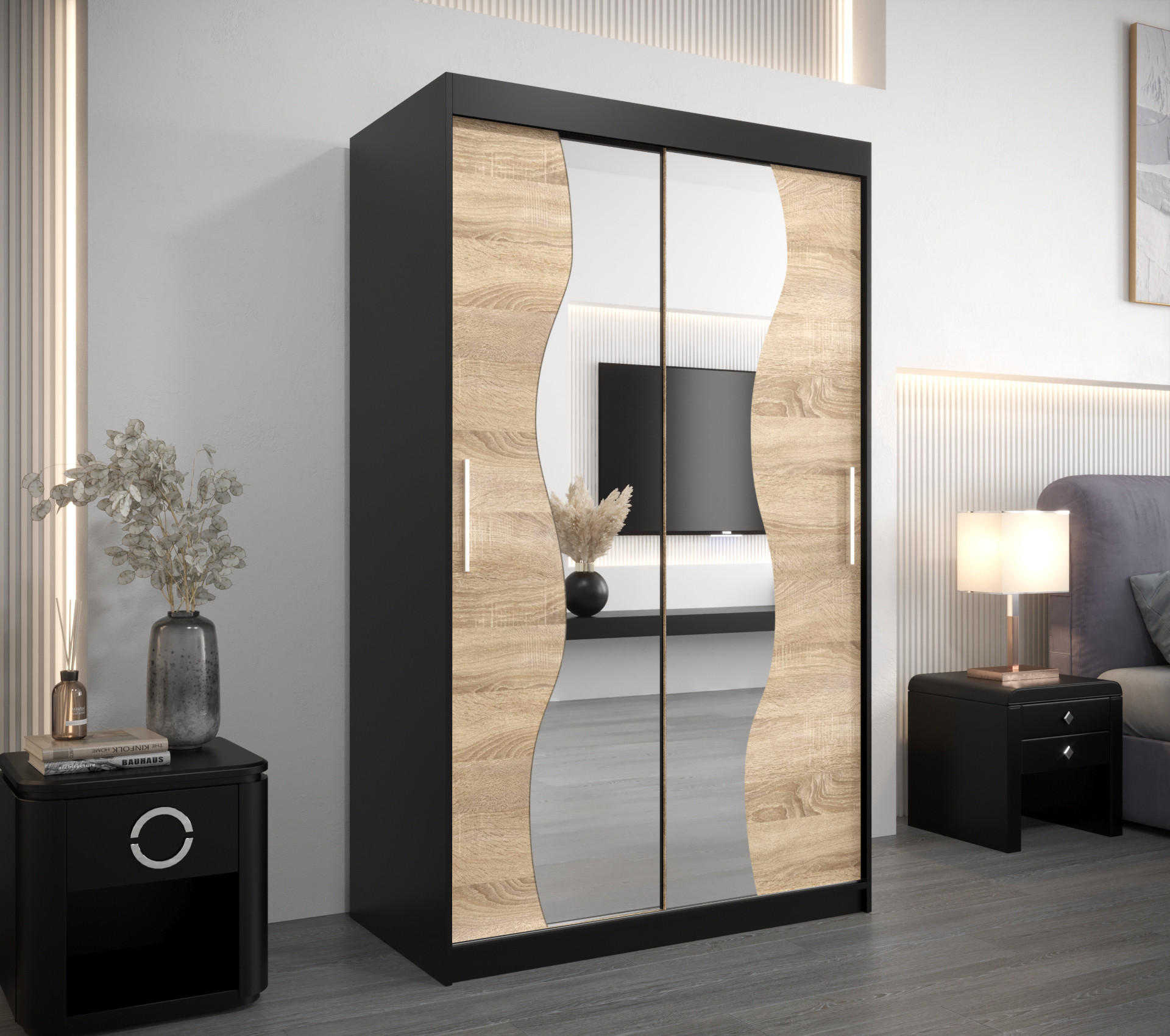 SCHWEBETÜRENSCHRANK 200/120/62 2-türig - Silberfarben/Schwarz, Holz/Kunststoff (120/200/62cm) - Abiks Möbel