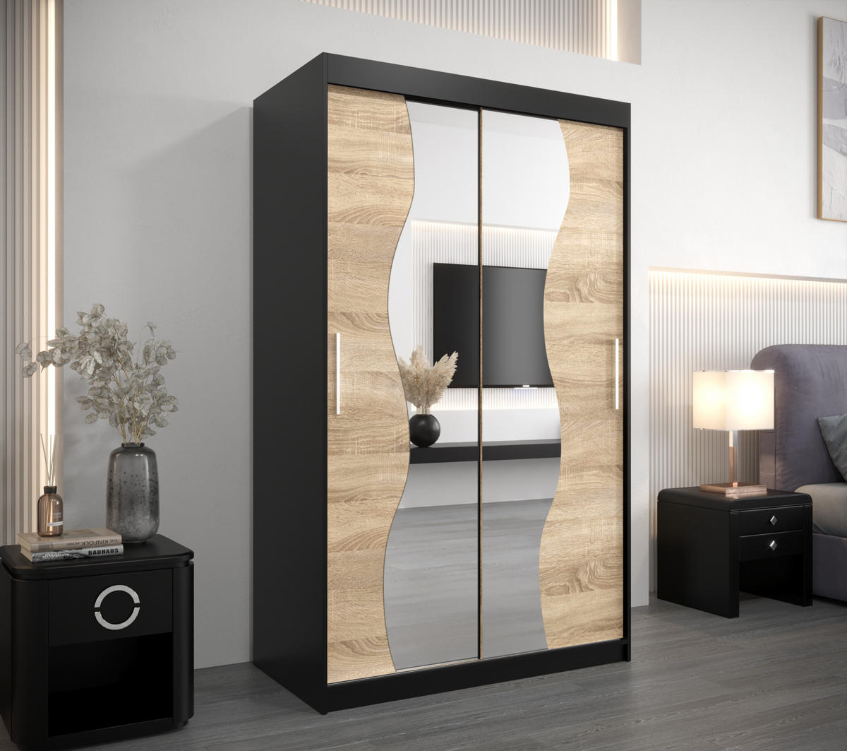 SCHWEBETÜRENSCHRANK 200/120/62 2-türig - Silberfarben/Schwarz, Holz/Kunststoff (120/200/62cm) - MÖBEL KRYSPOL
