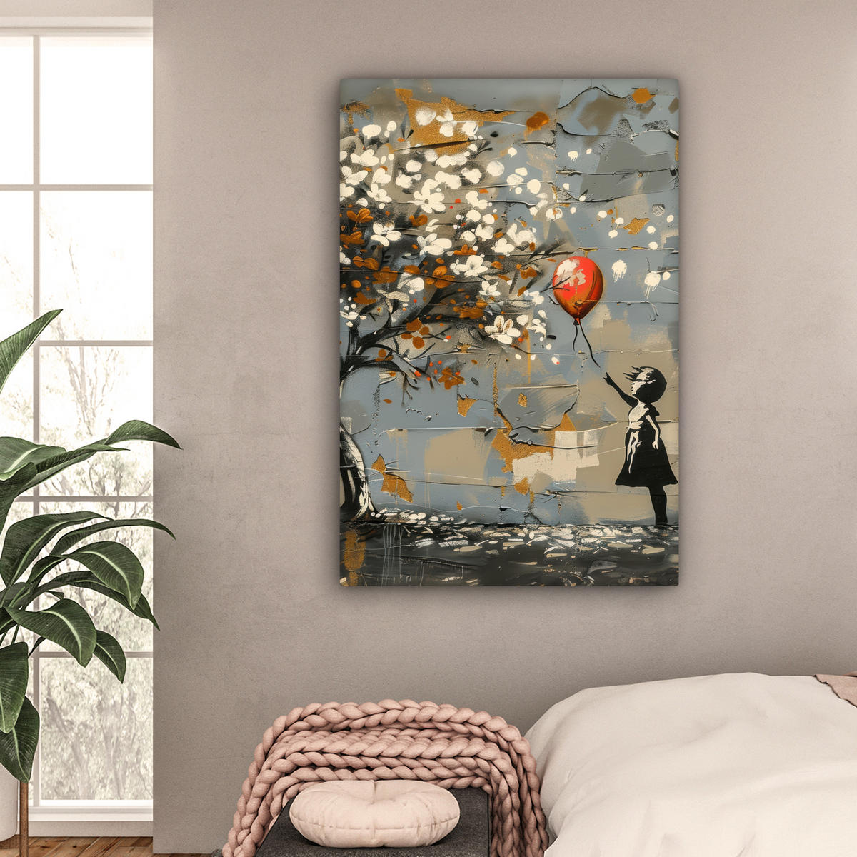 LEINWANDBILD Baum - Graffiti - Banksy-Stil - Ballon-Mädchen Deko Groß 90x140 cm - Blaugrau, Textil (90/140cm) - MuchoWow