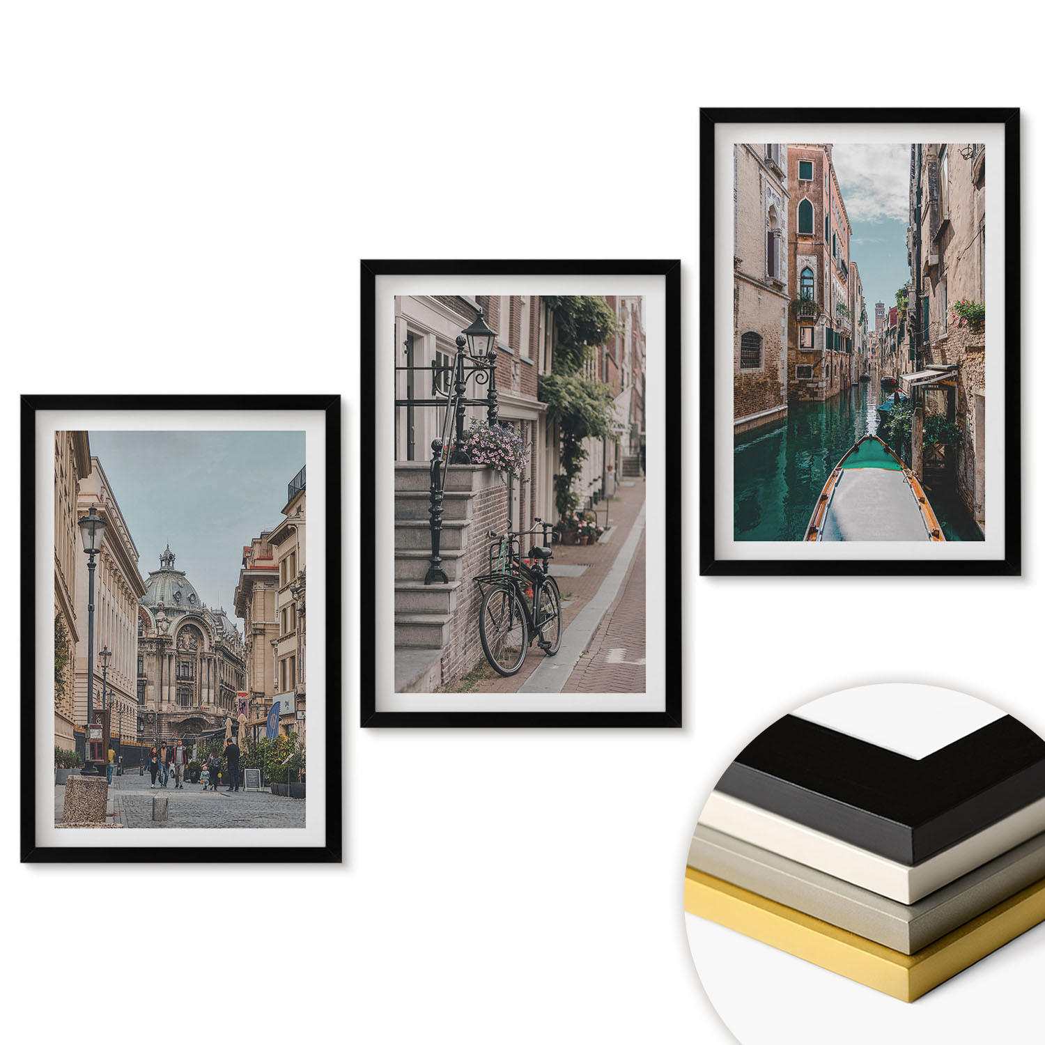 WANDBILDER 3er-Set - 40x60 cm Schwarzer Rahmen - Venedigs Wasserstraßen - Schwarz, Kunststoff (40/60cm) - ArtPrintCave
