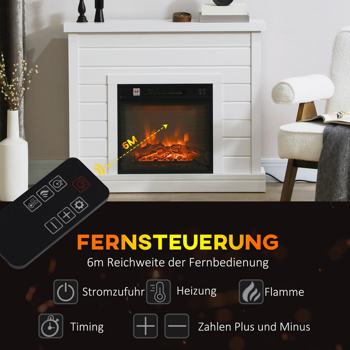 ELEKTROKAMIN mit Heizung, elektrischer Kamin mit Flammeneffekt, 1800 W Dekokamin - Weiß, Metall (22/81.7/96.5cm) - HOMCOM