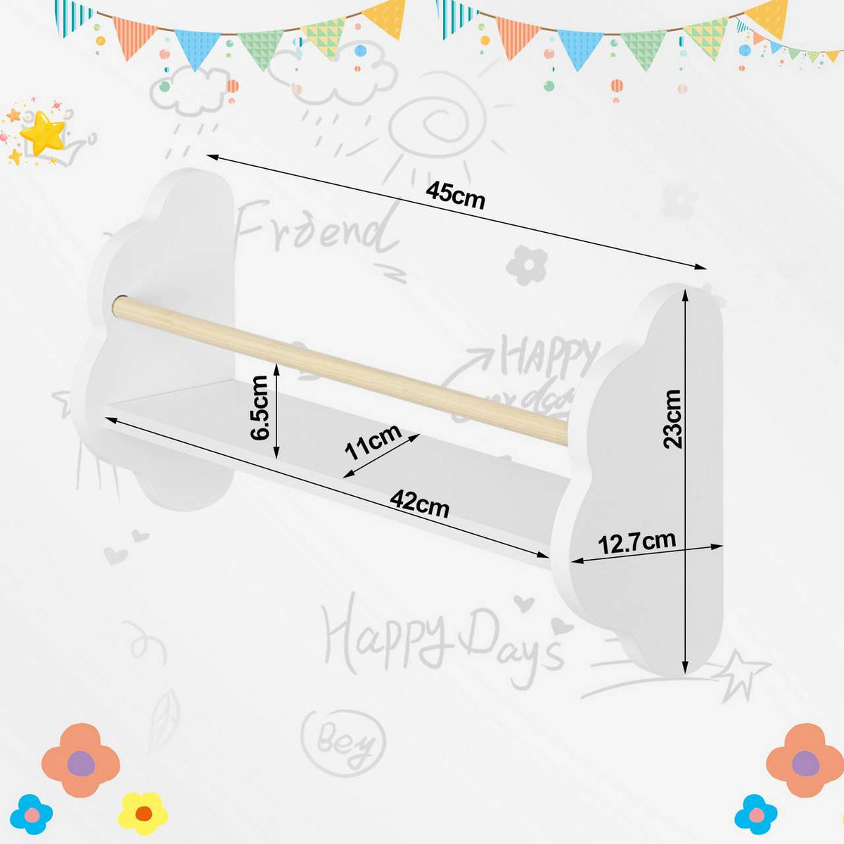 KINDER-WANDREGAL 3er Set, Kiefernholz, 45 x 12,7 x 23cm, Weiß - Weiß, Holz/Holzwerkstoff (45/23/12.7cm) - Woltu