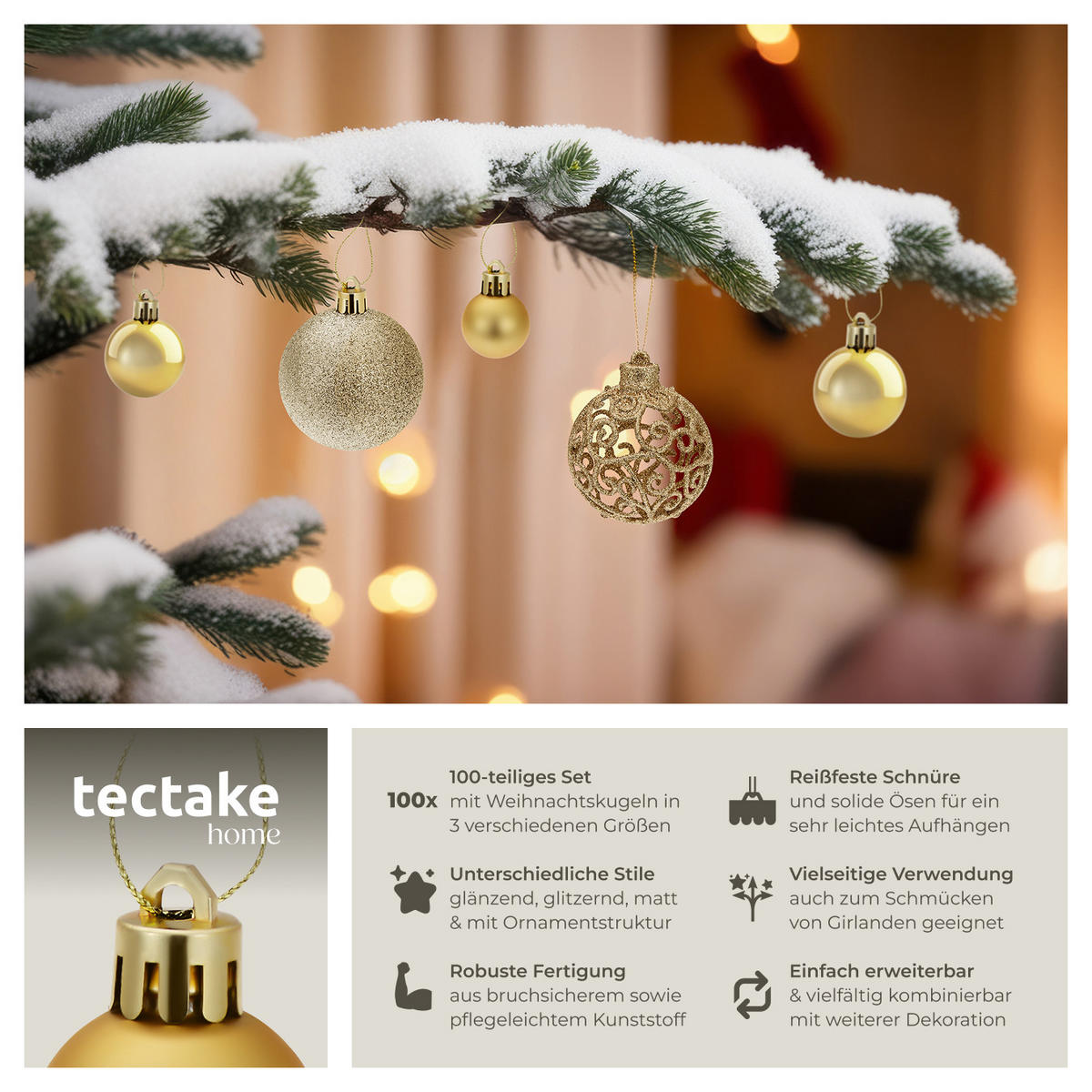 WEIHNACHTSKUGELN ,Durchmesser 3, 4 und 6 cm,gold - Goldfarben, Textil (6/6/6cm) - tectake