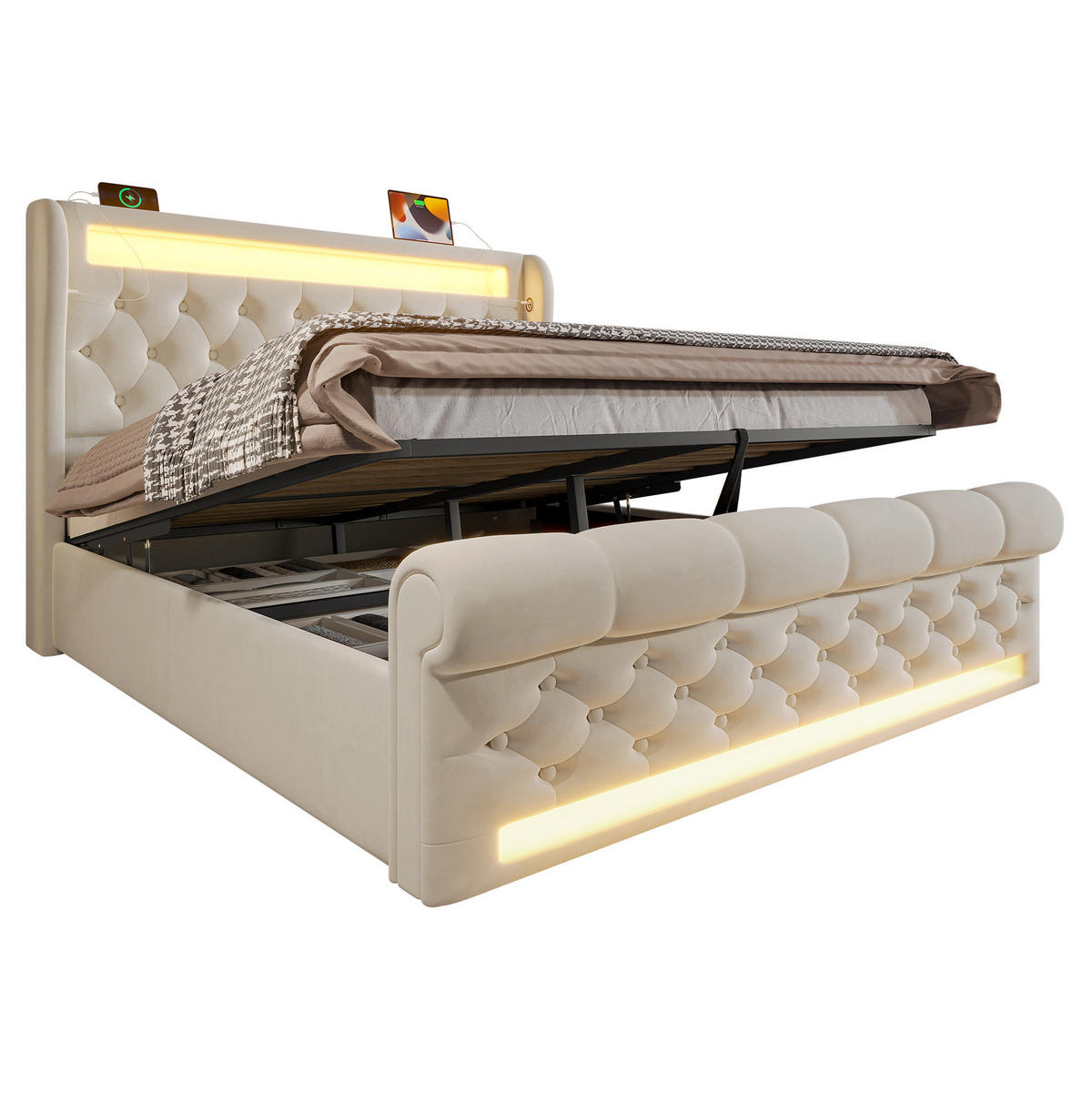 POLSTERBETT 160/200 cm Beige mit LED-Beleuchtung und Stauraum-Kopfteil - Beige, Textil (160/200cm) - OKWISH