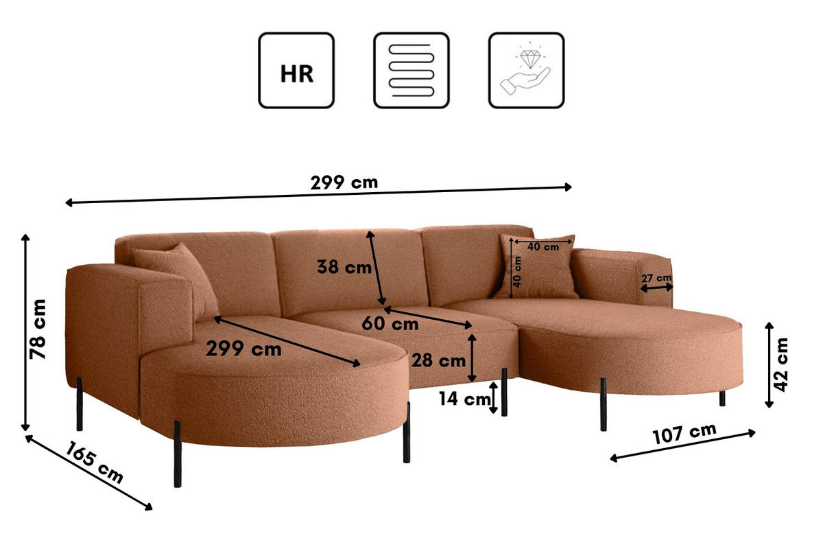 ECKSOFA Designer Modena U Rein stoff Quelle Kupfer - Kupferfarben, Holz (165/299cm) - Kaiser Möbel