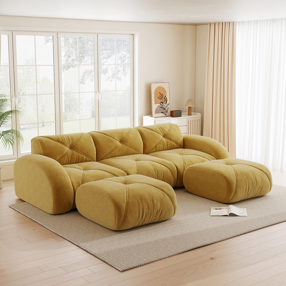 3-SITZER Sofa 281x171x76 cm aus Chenille-Stoff rahmenlos modular mit 2 Hockern, gelb - Gelb, Textil (171/76/281cm)
