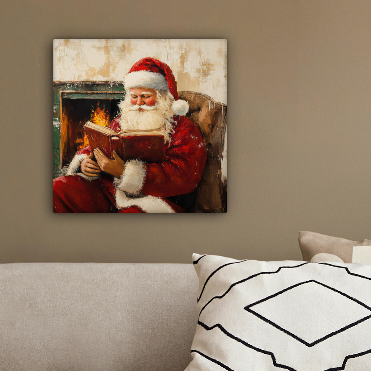 LEINWANDBILD Weihnachten - Weihnachtsmann - Winter - Open Fireside 20x20 cm - Dunkelrot, Textil (20/20cm) - MuchoWow