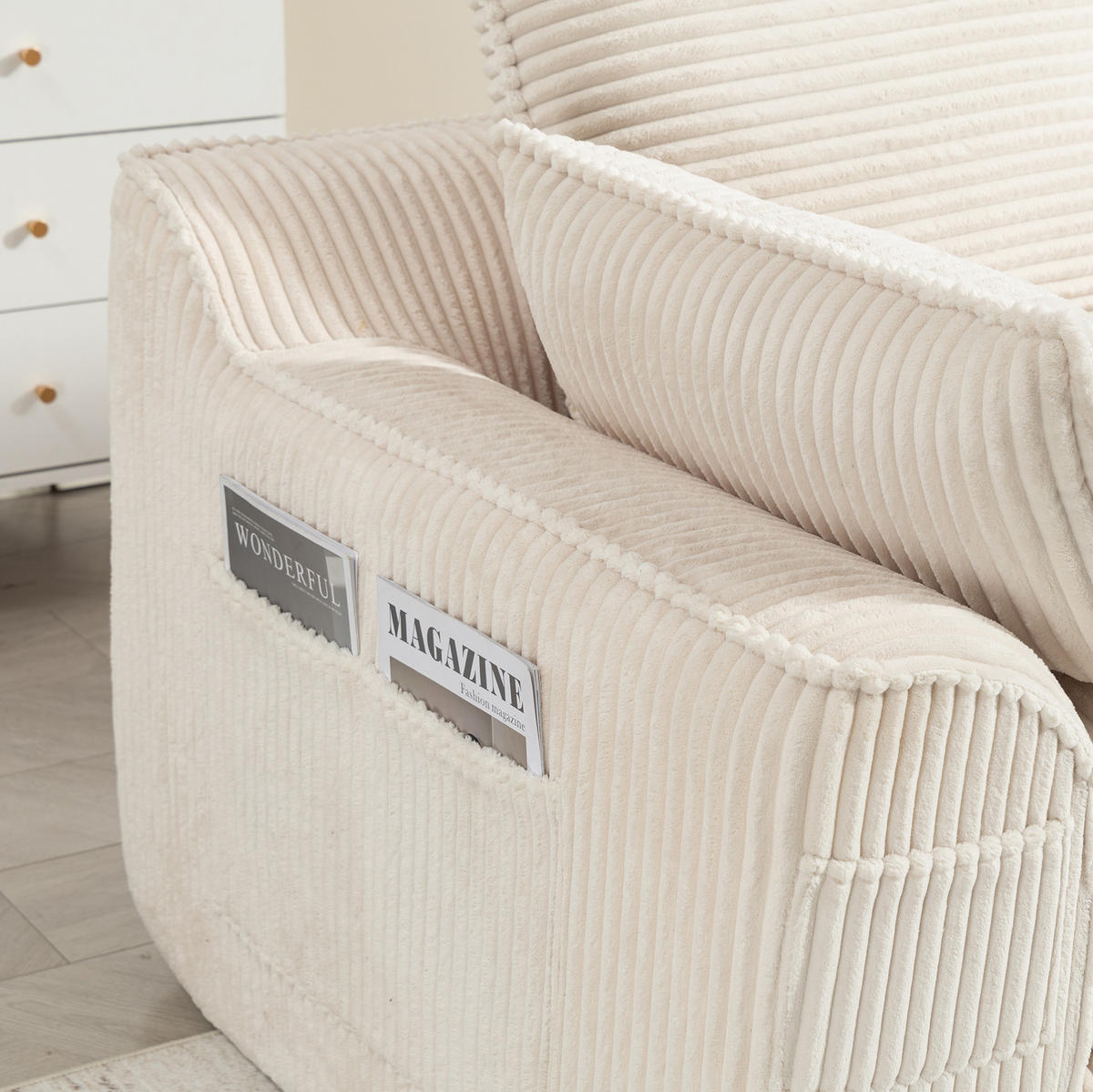 3-STIZER Sofa 263/167/85 cm mit Hocker, Seitentaschen und Federkern, Cord Beige - Beige, Textil (263/85/167cm) - Redom