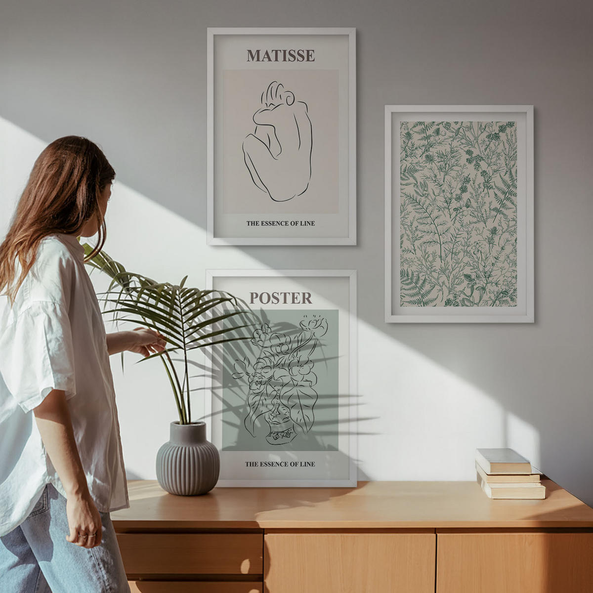WANDBILDER 3er-Set - 40x60 cm Weißer Rahmen - Linien, Pflanzenmuster, Minimalismus - Weiß, Kunststoff (40/60cm) - ArtPrintCave