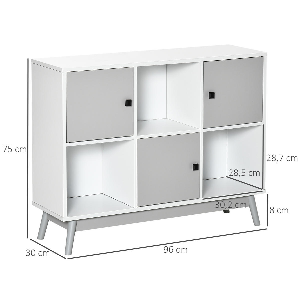 SIDEBOARD Weiß-Grau, 3 Türen, 3 offene Fächer, 96/30/75 cm - Grau, Holz (96/75/30cm) - PANGIVO