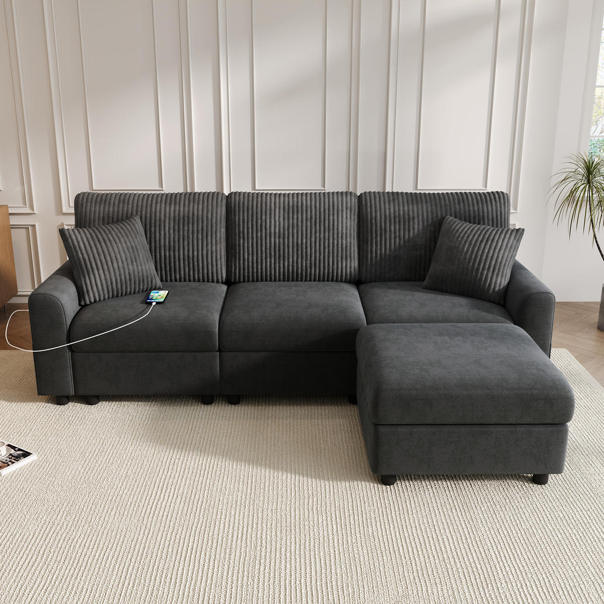 ECKSOFA 223/146/84 cm Schwarz mit 1 Fußhocker, 2 quadratischen Kissen, 1 USB-Anschluss und 1 Type-C-Anschluss - Schwarz, Textil (146/84/223cm) - Oxeza