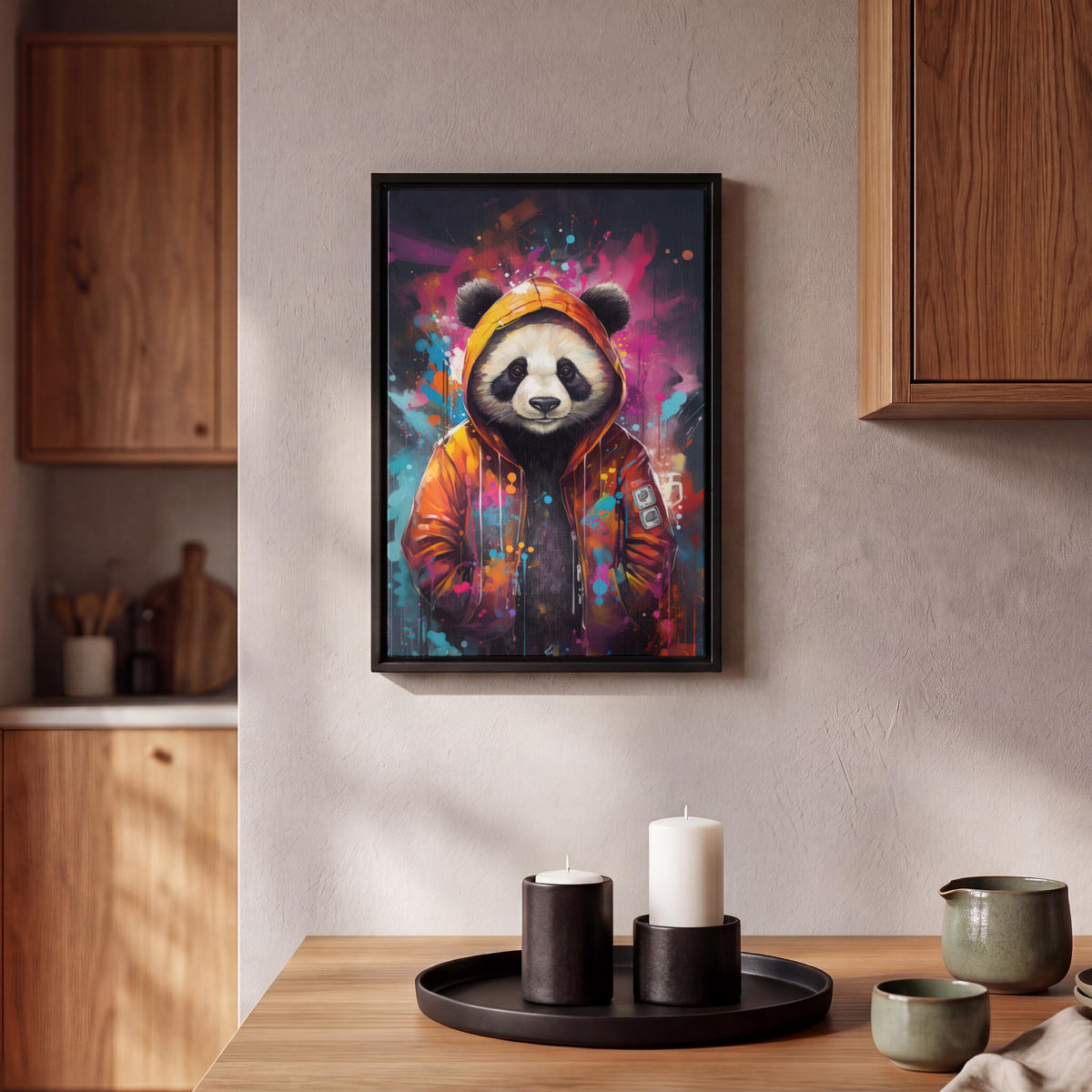 LEINWAND Bilder mit Rahmen - Panda - Jacke - Graffiti - Orange - 20x30 - Orange, Textil (20/30cm) - MuchoWow