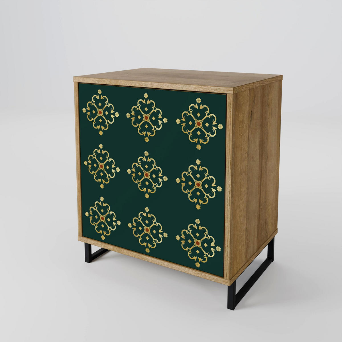 SIDEBOARD ROYAL MEDALLION, Eichefarben, 57,5x42x70,5 cm, Schwarze Metall-Sternfüße - Eichefarben/Multicolor, Holzwerkstoff/Metall (57.5/70.5/42cm) - SpaceRebels