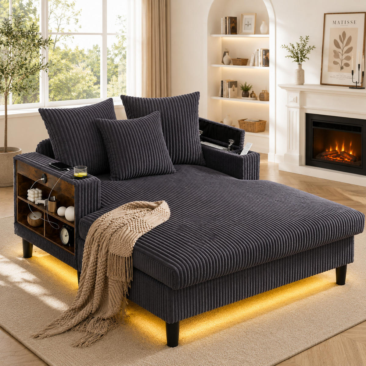 SCHLAFSOFA DE-33807 LED-Beleuchtung und USB Dunkelgrau - Dunkelgrau, Metall (129/70/170cm) - ComfortXL