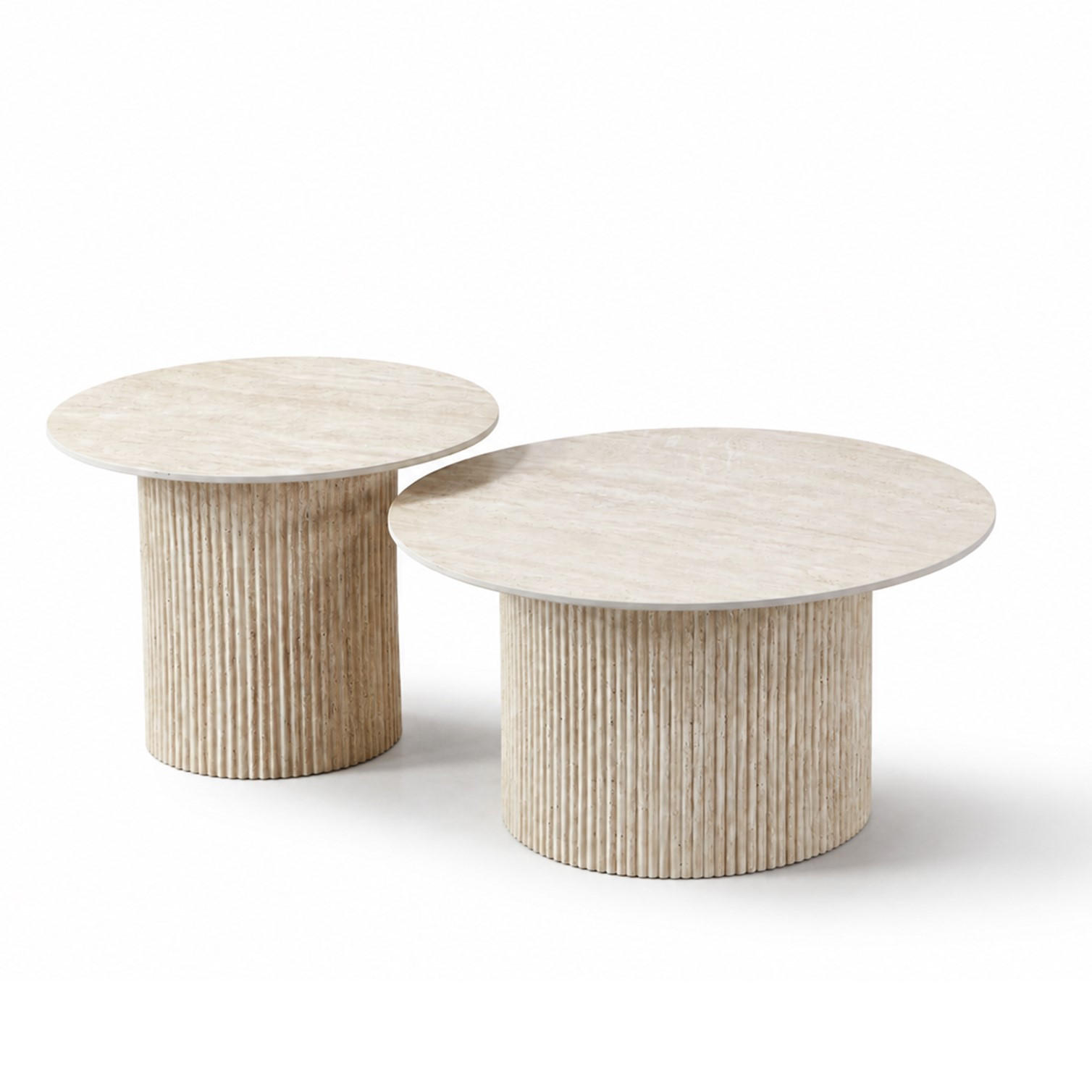 COUCHTISCH-SET Keramik rund 2-tlg. Trommelgestell Travertin-Optik 80 & 60 cm - Sandfarben/Weiß, Keramik/Metall (80/80/46cm) - HOOZ