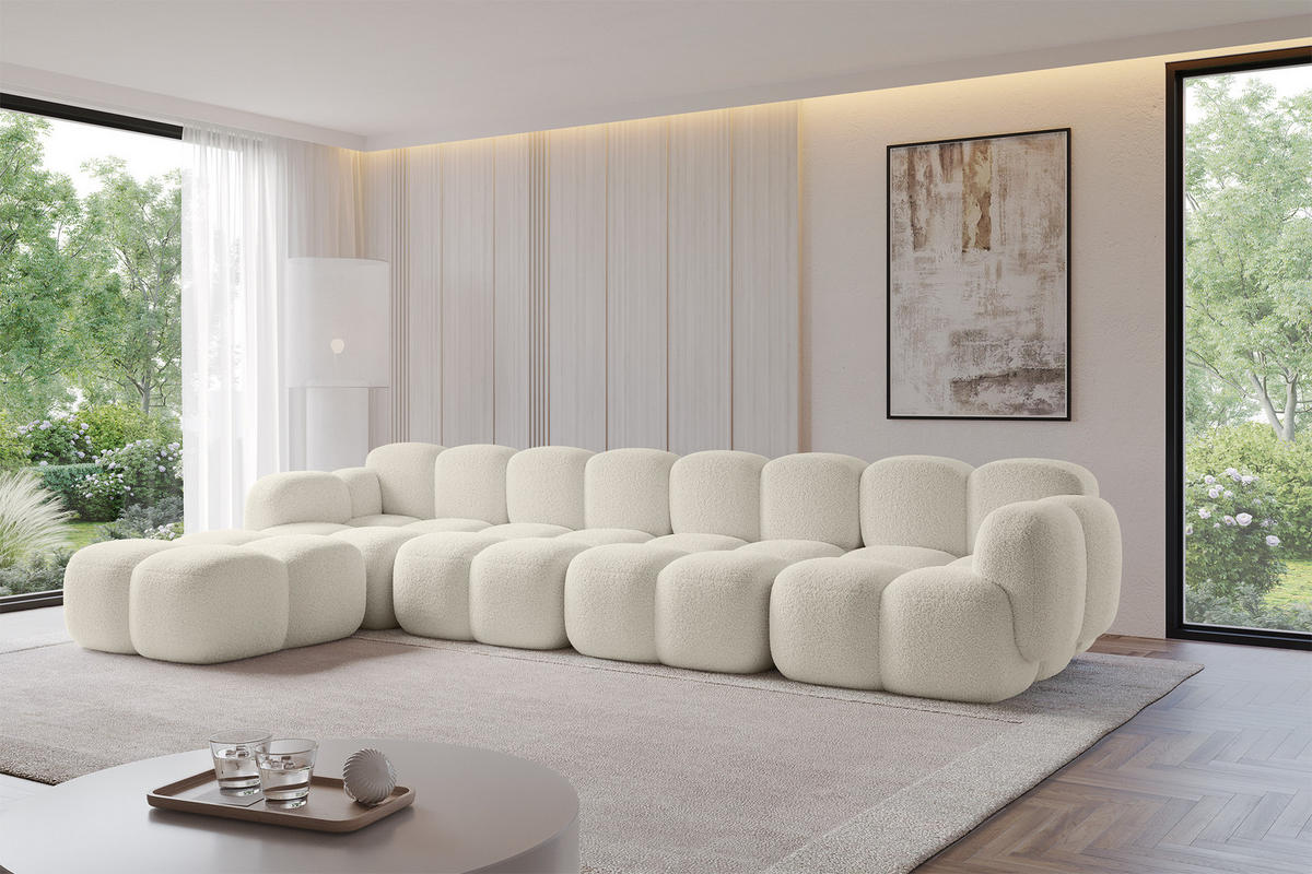 ECKSOFA modulares Sofa Links Miko-L3 390x205x75 Beige Bouclé - Sandfarben/Schwarz, Holzwerkstoff/Kunststoff (390/205cm) - ALTDECOR