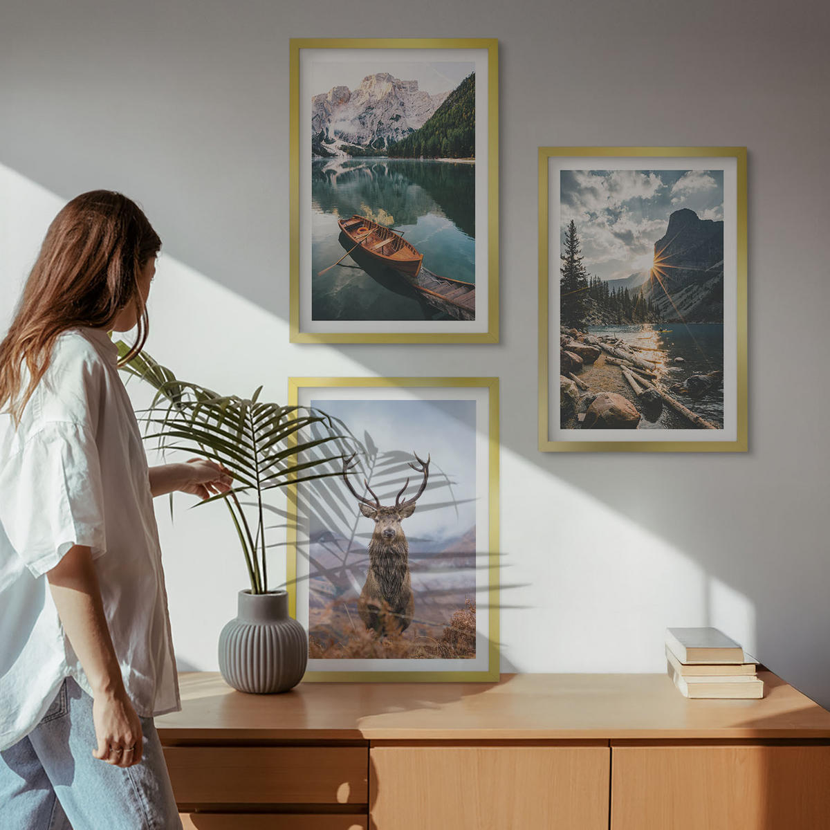 BILDER SET 3er Set - 40x60 cm Goldrahmen - Bergsee, Bootsfahrt, Sonnenuntergang, Hirsche - Goldfarben, Kunststoff (40/60cm) - TULUP