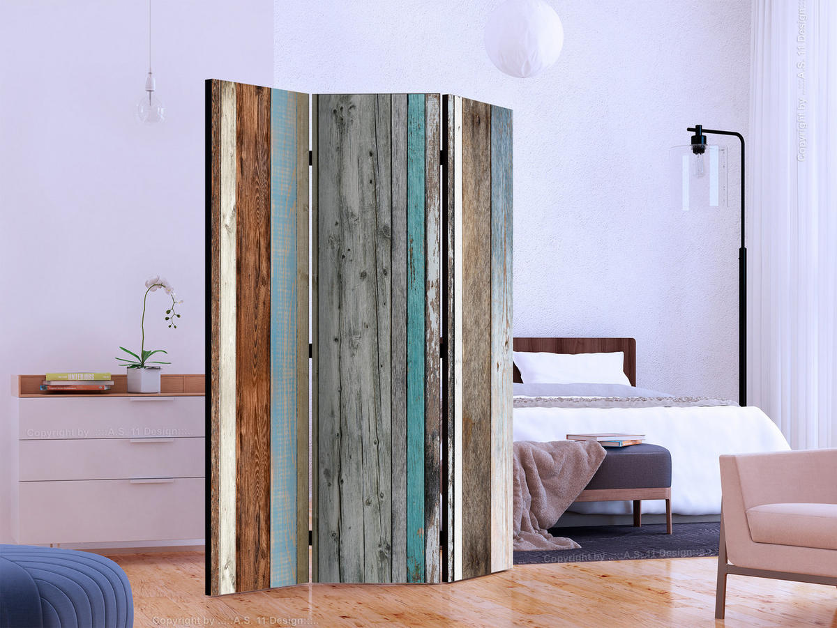 PARAVENT Beidseitig Bedruckter 3-tlg 135x172 cm bunte Holzbretter - Multicolor, Holz/Textil (135/172/3cm) - Muralo