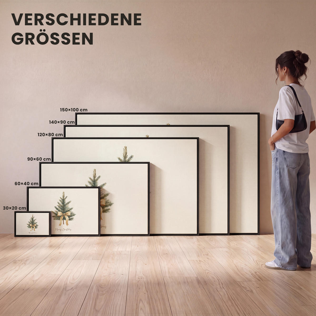 LEINWAND Bilder mit Rahmen - Weihnachtsbaum - Weihnachten - Frohe Weihnachten - Beige - 120x80 - Sandfarben, Textil (120/80cm) - MuchoWow