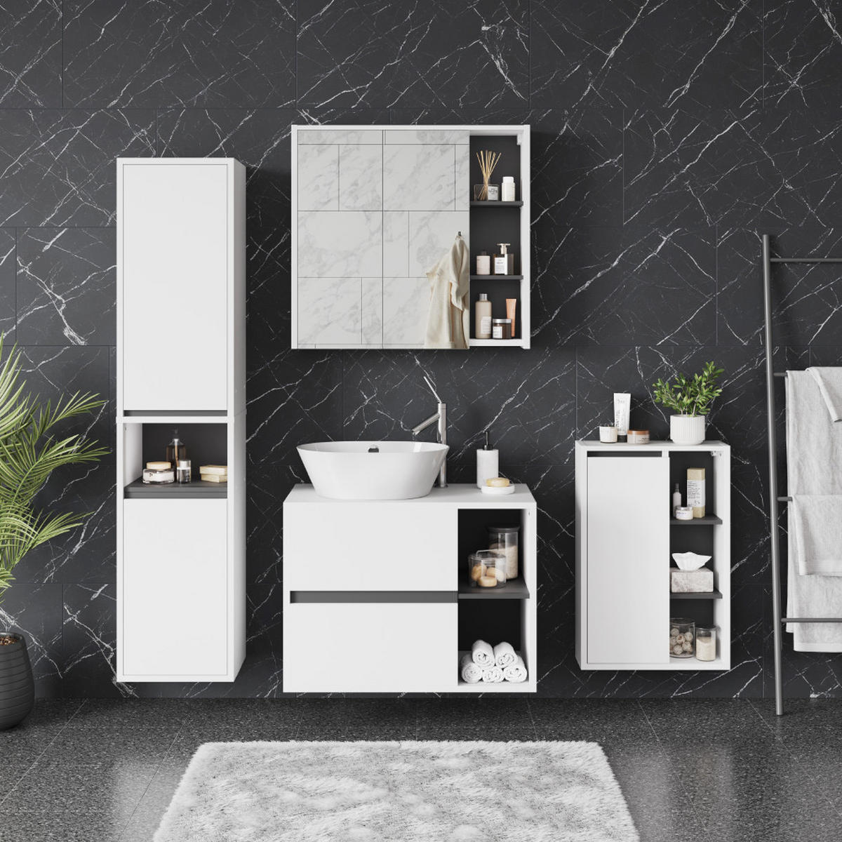 BADSPIEGELSCHRANK Viola Weiß/Grau 80 x 75 cm mit offenen Regalen - Weiß/Grau, Holzwerkstoff (80/75/18cm) - Vicco