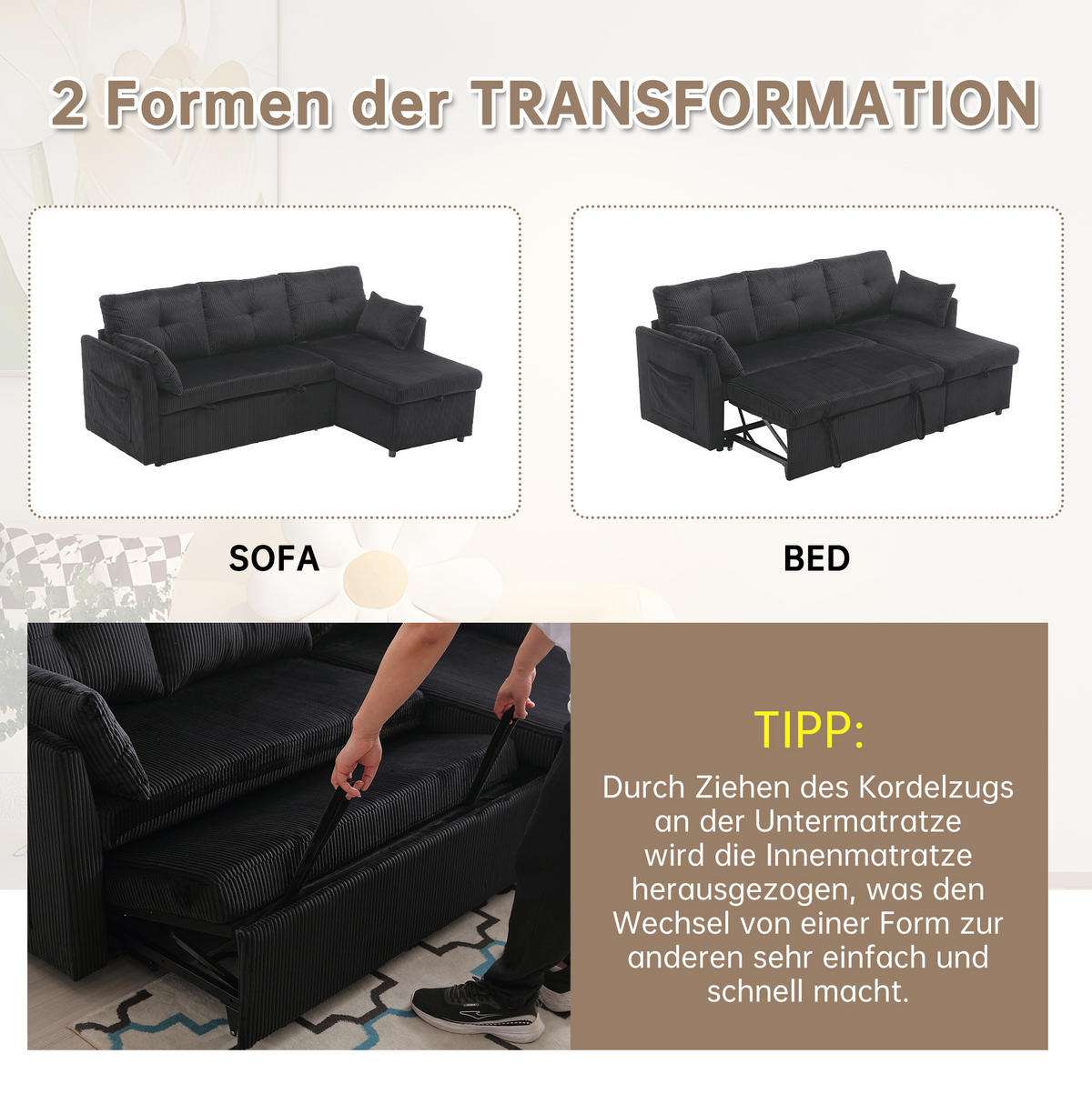 ECKSCHLAFSOFA Cord modular mit Stauraum Schwarz 206/108/66 cm - Schwarz, Textil (108/206cm) - Redom