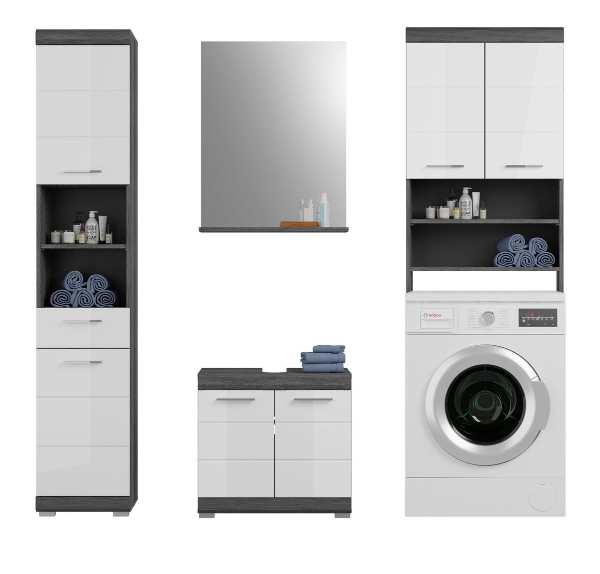 BADMÖBEL-SET weiß Hochglanz, grau 4-teilig 190 cm, Komplettset mit 14 Fächern - Weiß Hochglanz/Grau, Holzwerkstoff (190/191/34cm) - Inn.Furn