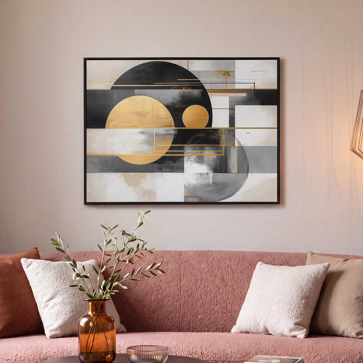 LEINWAND Bilder mit Rahmen - Abstrakt - Gold - Silber - Formen - Ästhetisch - Modern - 80x60 - Goldfarben, Textil (80/60cm) - MuchoWow