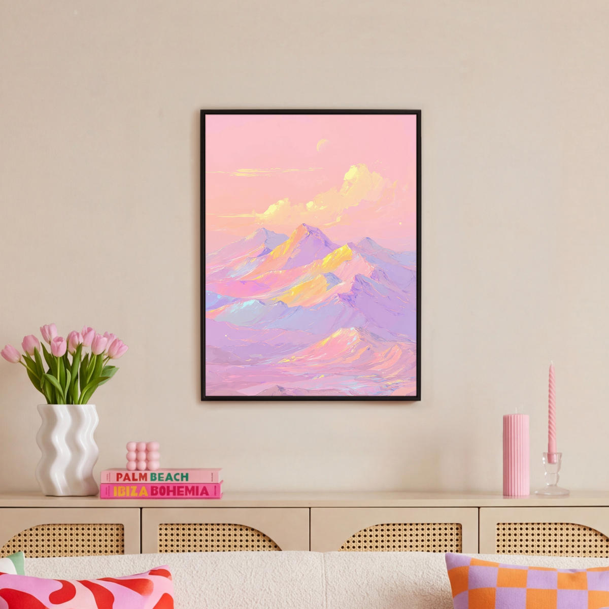 LEINWAND Bilder mit Rahmen - Berggipfel - Wolken - Verträumt - 60x80 - Hellrosa, Textil (60/80cm) - MuchoWow