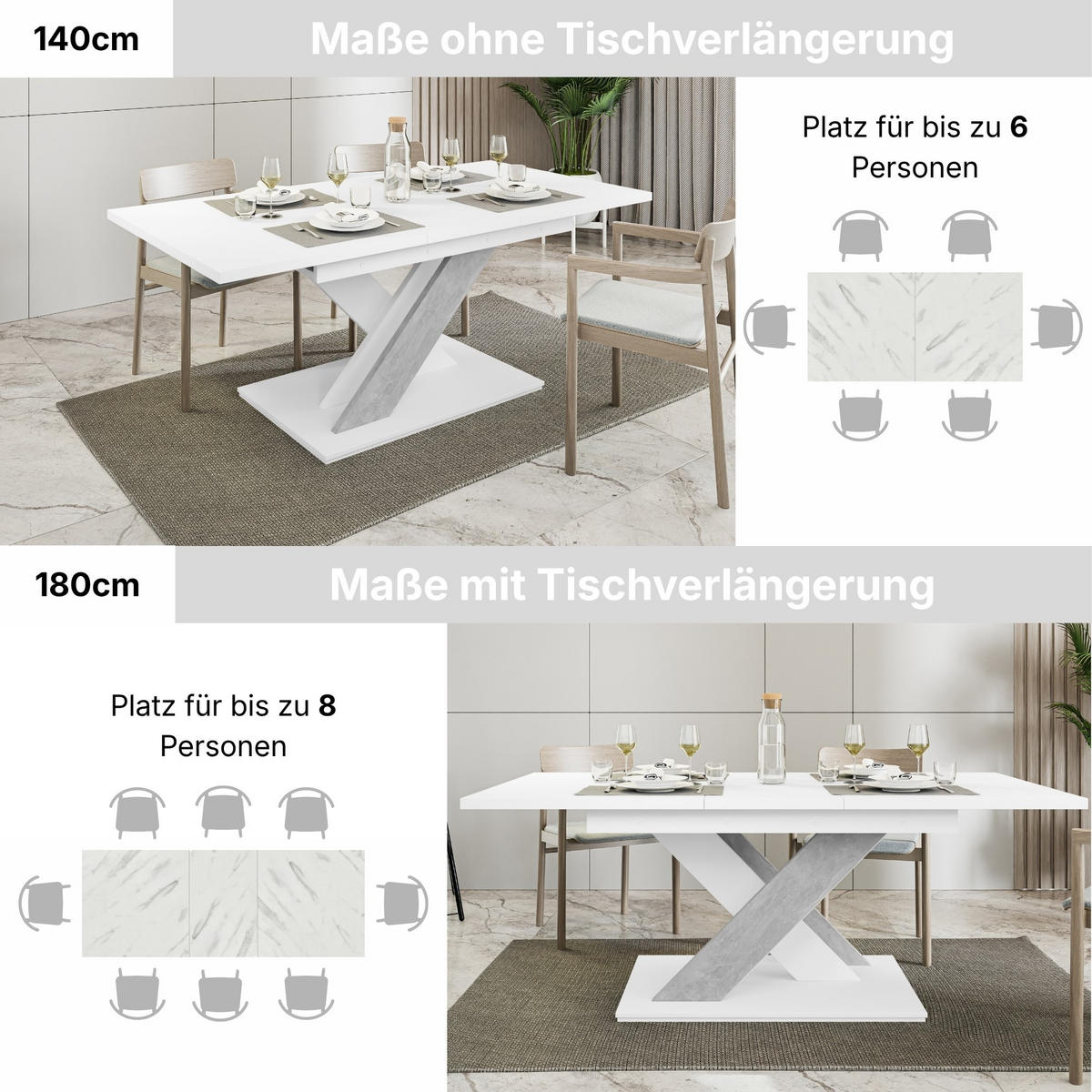 ESSTISCH Grau Betonoptik und Weiß Ausziehbar 140 - 180 cm - Weiß/Grau, Holzwerkstoff (140/80/75cm) - PROSPERO