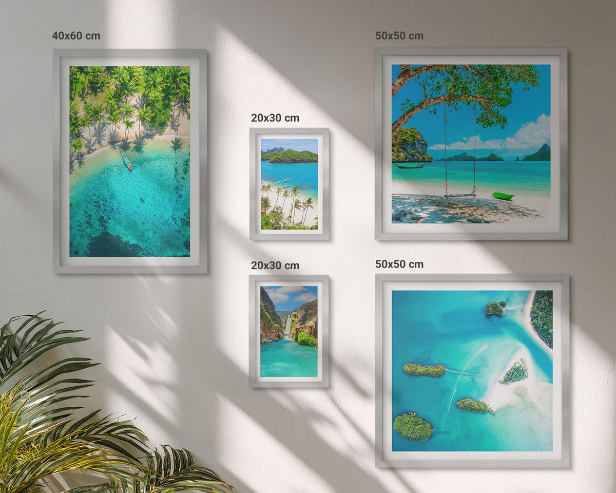 WANDBILDER 5er Set - 50x50 cm & 20x30 cm & 40x60 cm Silberner Rahmen - Strände, Palmen, kristallklares Wasser - Silberfarben, Kunststoff (40/60cm) - ArtPrintCave