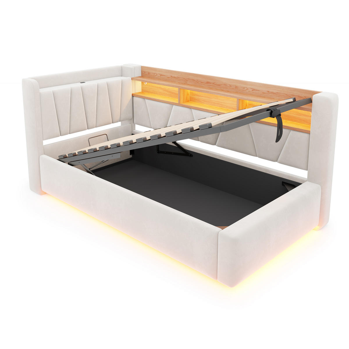 BOXBETT 90/200 mit LED/Regal/USB/Bettkasten, Samt, Beige - Beige, Holz (90/200cm) - LVHOM
