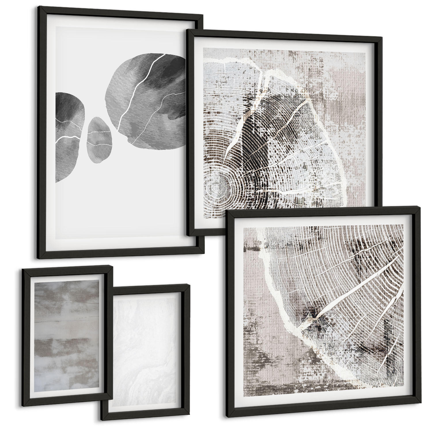 BILDER SET 5er Set - 50x50 cm & 20x30 cm & 40x60 cm Schwarzer Rahmen - Abstrakte moderne Formen - Schwarz, Kunststoff (40/60cm) - TULUP