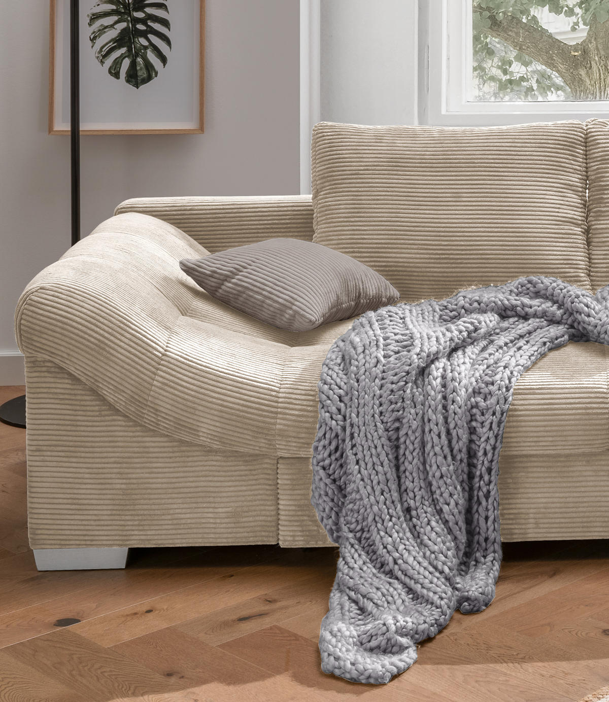 ECKSOFA mit Schlaffunktion, Wellenunterfederung, Ottomane rechts B298/T202/H84 cm, Liegefl. 154x227 cm, Cord Beige / 17203 - Beige/Silberfarben, Holz/Textil (298/202cm) - luma-home