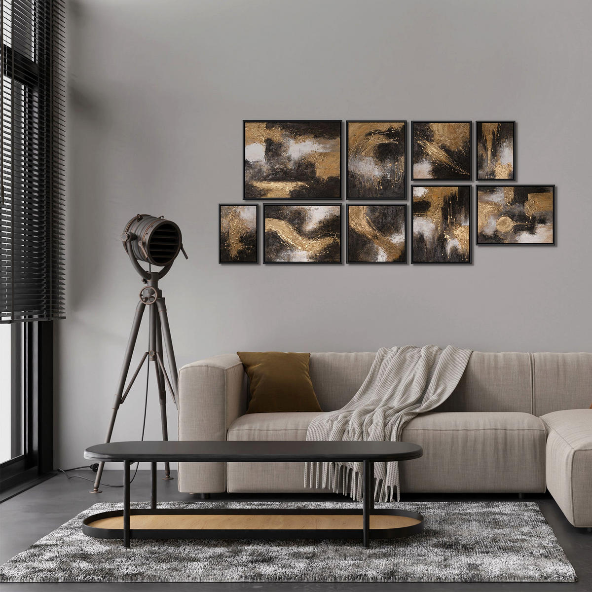 GEMÄLDE Impuls Schattenfugenrahmen Schwarz 9-teilig - Schwarz, Holz (160/70cm) - YS-art gallery
