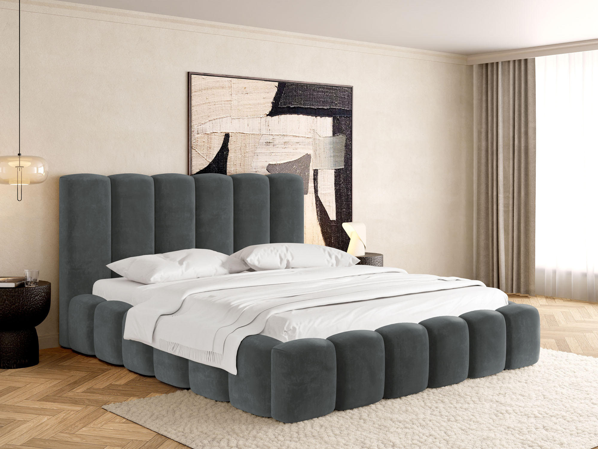 POLSTERBETT Serenity mit Bettkasten, Grau Samt 140x200 cm - Birkefarben/Schwarz, Holz/Holzwerkstoff (140/200cm) - WFL GROUP