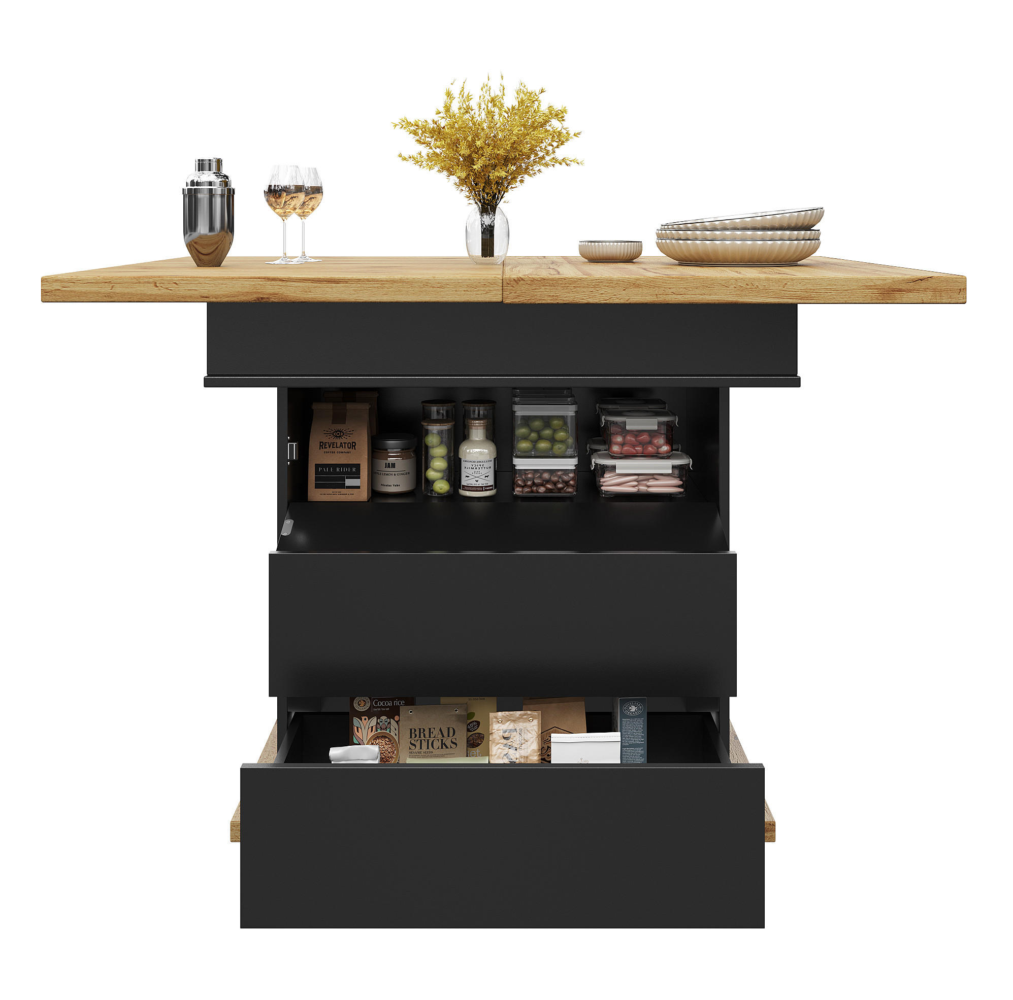 ESSTISCH 110-140/80/75 cm in Schwarz/Natur aus MDF mit Stauraum - Schwarz, Holzwerkstoff (110/80/75cm) - Flora Grace