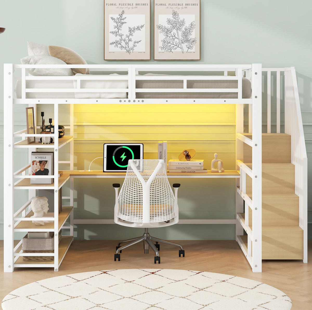 VYSOKÁ posteľ 140/200 cm biela z MDF a kovu s písacím stolom schodmi úložným priestorom USB a LED - biela, kompozitné drevo (140/200cm) - OKWISH