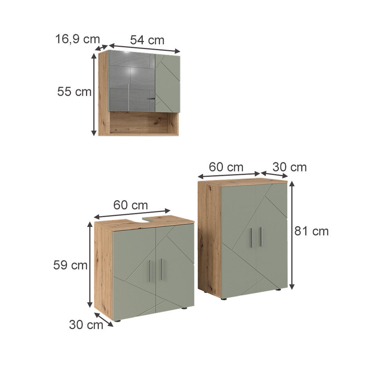 BADMÖBEL-SET Irma Salbeigrün 3 Teile - Salbeigrün, Holzwerkstoff (60/59/30cm) - Vicco