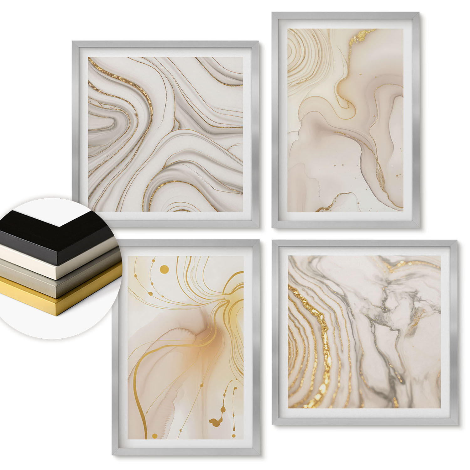 WANDBILDER 4er Set - 50x50 cm & 40x60 cm Silberner Rahmen - Subtile abstrakte Muster - Silberfarben, Kunststoff (50/50cm) - ArtPrintCave